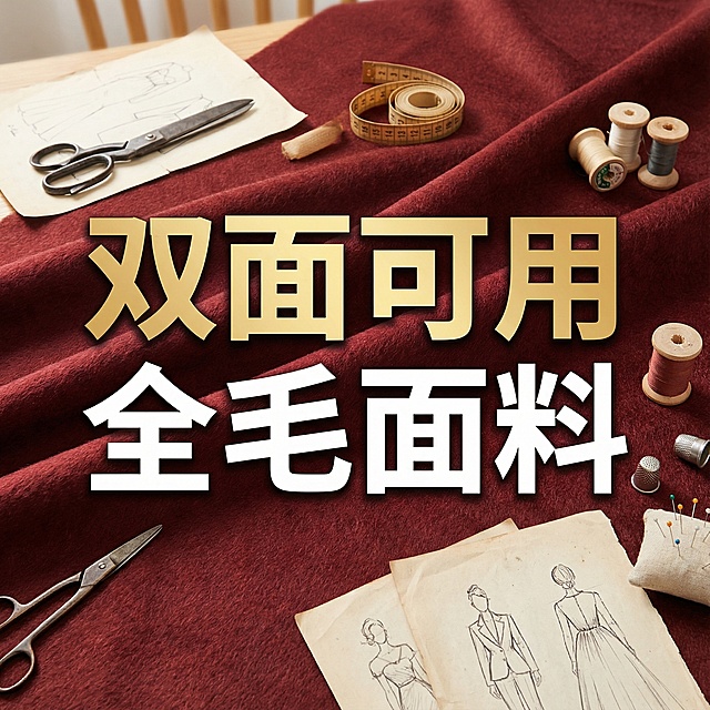 这张图片是产品主体这款产品是做衣服的布料   我需要设计5张主图在拼多多上面售卖 主图场景布局能用到的多场景元素布局显得高级一些      产品文案可以用双面阿尔巴卡，双面能剥缝，全毛，暗红色 1000g重