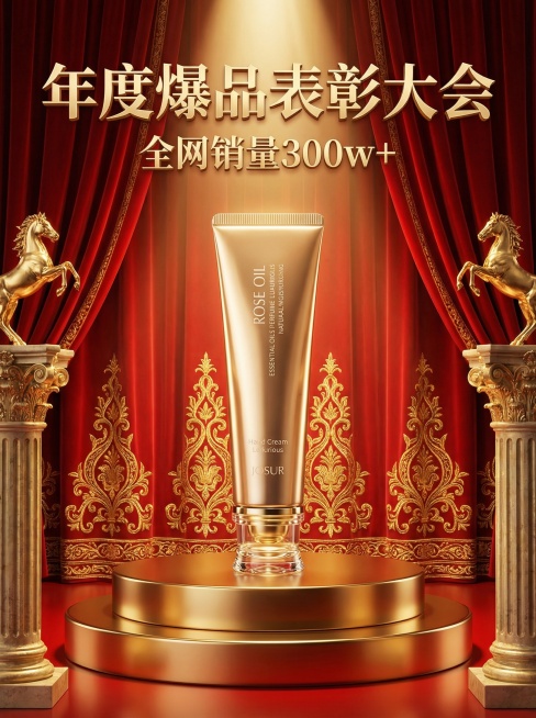 写实风，奢华感，主色调为高饱和亮红搭配奢华金色，舞台下方仰视视角。主体位于舞台上的双层金属圆形展台上（占30%视觉比例），顶部暖色聚光灯投射于主体，背景为垂坠感红色丝绒幕布（装饰金色走线），两侧装饰华预览效果