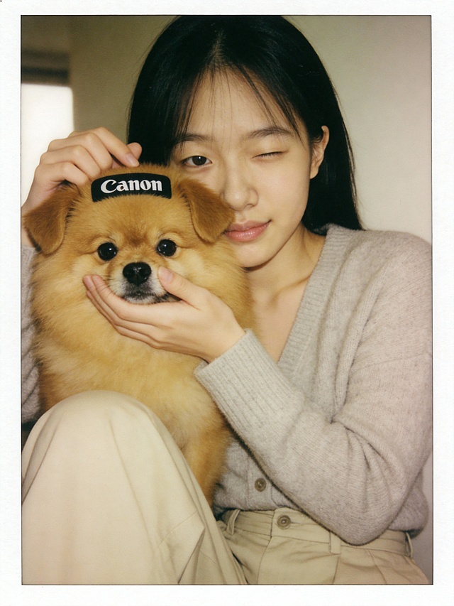胶片风实景拍摄，少女与萌犬互动温馨可爱，柔和色调传递舒适感，Canon贴纸增添趣味细节。