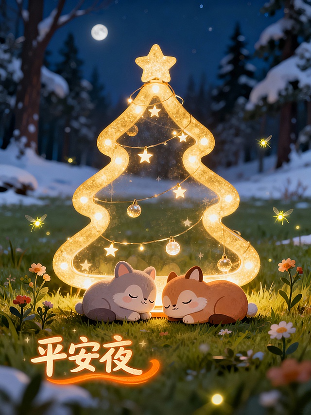 圣诞树化为夜晚森林中的暖光源，在寒冷雪林中勾勒出一棵温暖的树，守护安睡的小动物。这里的圣诞树灯象征温暖与守护。