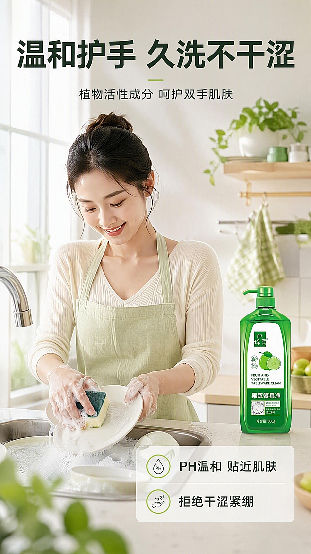 [商品] 使用【图1】DR.垛来果蔬餐具净绿色按压瓶，保留全部瓶身细节；产品置于厨房水槽边台面上，人物手持海绵洗碗，产品在侧后方清晰可见。
[画面] 目标：人物使用页，展示温和不伤手的使用场景。构图：人物居中偏左，亚洲女性在明亮厨房中洗碗，手部与泡沫清晰，产品在右侧台面立放，占画面约25%。景别：中景，人物腰部以上入镜，手部动作清晰。场景：现代简约厨房，自然光从侧方照入，氛围温馨干净。
[视觉] 套系策略：风格=清新洁净商业摄影风；标题字=粗黑体；正文字=常规黑体；主色=青柠绿；背景延展=厨房以白色、浅木色为主，融入青柠绿点缀和产品呼应；强调色=亮黄绿色，仅用于小面积标签；标题色=深墨绿；正文色=深灰；组件=圆角半透明信息卡；光影=侧方自然光，柔和明亮，人物皮肤自然。
[文字] 顶部主标题「温和护手 久洗不干涩」，副标题「植物活性成分 呵护双手肌肤」，右下角信息卡2个卖点：「PH温和 贴近肌肤」「拒绝干涩紧绷」，文字横排，不遮挡人物和产品主体。
[规格] 图片比例9:16竖版，4K分辨率，medium质量，避免人物面部失真、产品变形、虚假功效承诺、文字竖排。