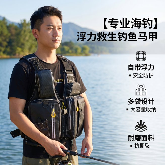 [主图 1] 核心卖点首图，专业成人浮力救生钓鱼马甲产品展示。
[氛围风格] 专业户外电商展示风格，清晰高级。
[画质] 商业摄影质感，光线柔和通透，产品清晰真实，画面干净高级。
[元素] 亚洲男模特预览效果