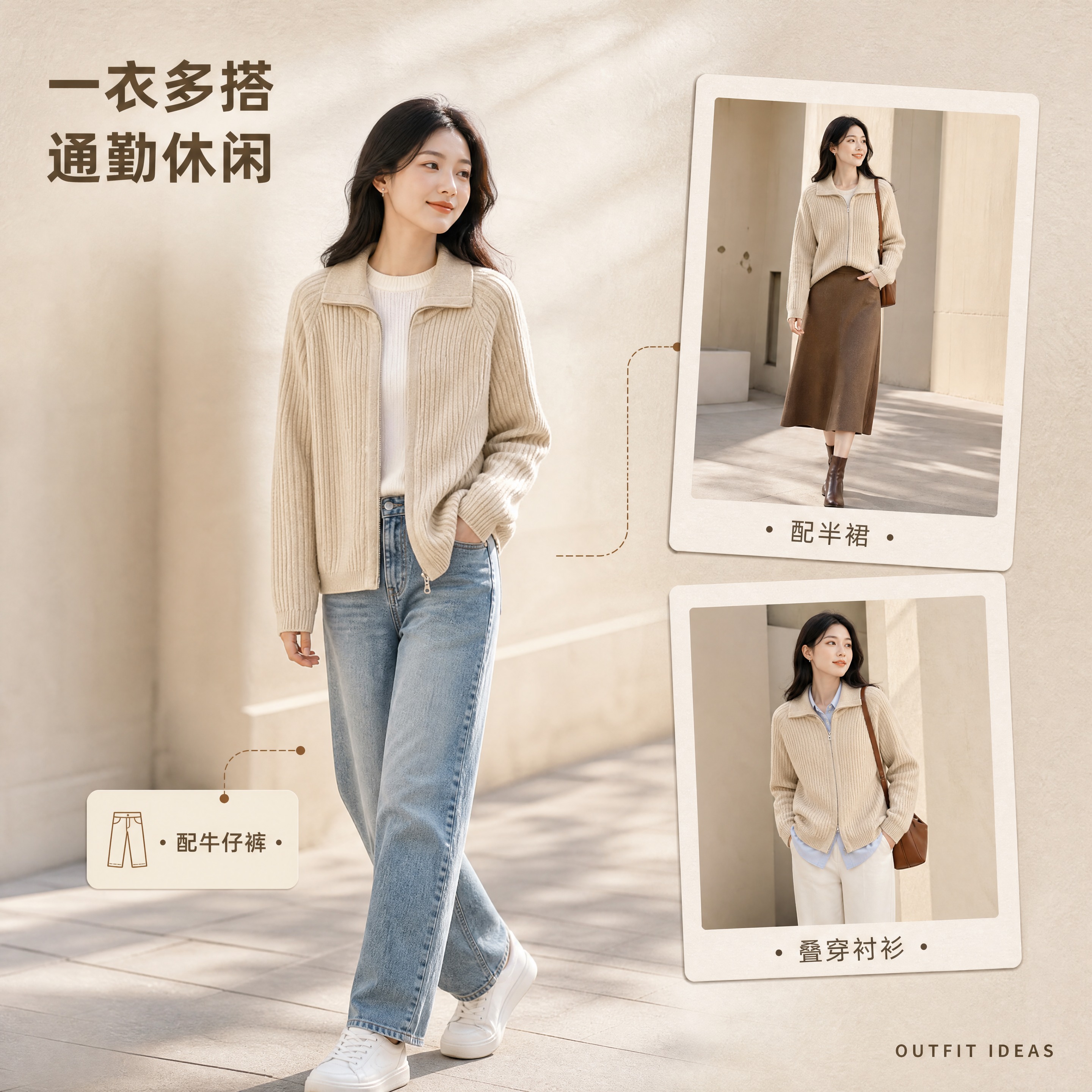 [商品] 使用【图28】燕麦色翻领拉链竖坑条针织开衫进行图生图… - 图片创意预览