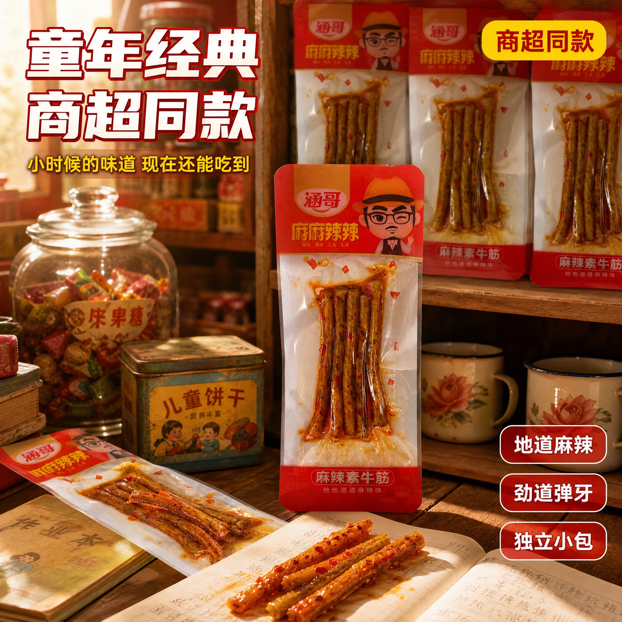 [主图-2] 涵哥麻辣素牛筋-童年怀旧小卖部场景与商超同款背书… - 图片创意预览