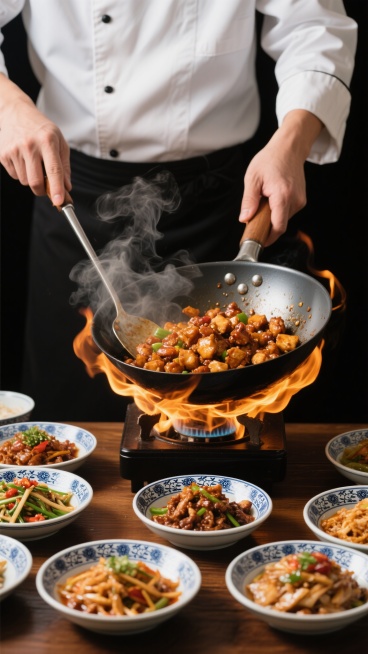 写实风格美食摄影，特写镜头，厨师身着白色制服，手持铁锅正在爆炒宫保鸡丁，锅下火焰熊熊燃烧，升腾的热气与食材香气弥漫画面，深黑色背景突出主体，前景木质餐桌上摆放多个青花瓷碗，盛有鱼香肉丝、夫妻肺片等中式菜肴，色彩浓郁鲜亮，光影对比强烈，高光凸显食材油润质感，构图聚焦烹饪动态瞬间，充满烟火气与食欲感，无任何文字元素。预览效果