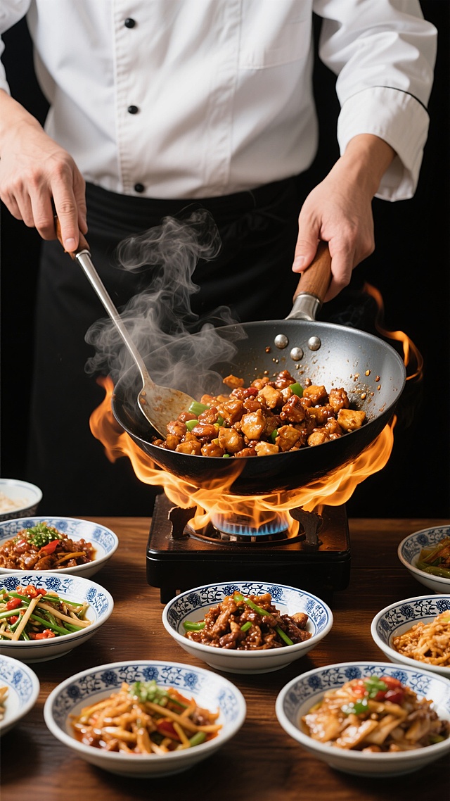 写实风格美食摄影，特写镜头，厨师身着白色制服，手持铁锅正在爆炒宫保鸡丁，锅下火焰熊熊燃烧，升腾的热气与食材香气弥漫画面，深黑色背景突出主体，前景木质餐桌上摆放多个青花瓷碗，盛有鱼香肉丝、夫妻肺片等中式菜肴，色彩浓郁鲜亮，光影对比强烈，高光凸显食材油润质感，构图聚焦烹饪动态瞬间，充满烟火气与食欲感，无任何文字元素。