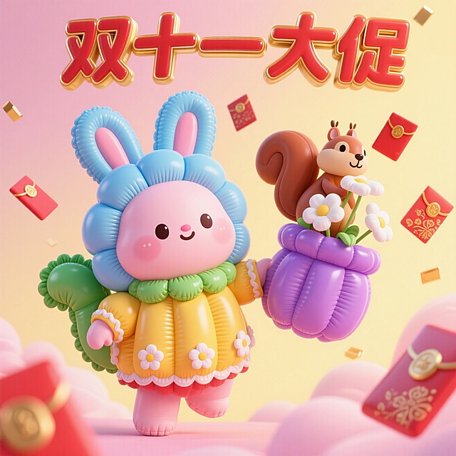 卡通主角为核心主体，周围环绕着造型 Q 萌的小生物以及装饰有花朵等元素的奇幻容器。标题“双十一大促”文字具有立体、醒目效果，以红色、金色等富有活力与喜庆感的色调为主，搭配白色，营造出双十一的热烈促销氛围。采用 3D 卡通渲染风格，画面呈现出治愈、温馨的氛围，类似经典萌系动画的视觉效果。以粉色、暖黄色等明亮、柔和的暖色调为主，营造出温暖欢快的色彩氛围。空中有飘落的红包元素，为画面增添活泼与惊喜感，各类元素的材质都带有柔软、蓬松的质感表现。