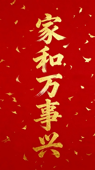 中国传统书法风格，红色纯色背景，金色洒金纹理点缀，金色毛笔书法字体书写“家和万事兴”五个大字，字体笔画粗细变化自然，带有飞白效果，整体呈现喜庆、吉祥的氛围，文字排列为竖版居中布局，书法笔触饱满有力，具预览效果