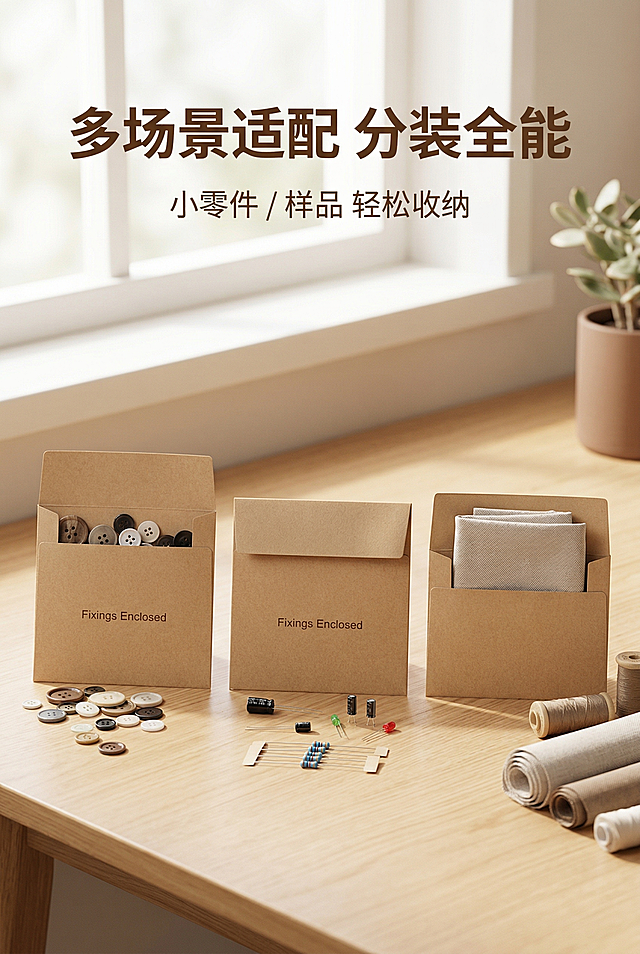严格还原上传牛皮纸五金配件信封袋参考图，精准复刻包装设计、产品配色、“Fixings Enclosed”文字位置及比例、字体、图案细节，色彩无失真，产品与道具比例遵循真实物理空间逻辑，比例1:1。淘宝高点击率实景风，暖调自然光，高级简约，莫兰迪暖棕+原木色，无衬线字体，杂志级版式，300dpi高清，无噪点无模糊，真实场景生活化氛围，全页统一简约无衬线字体，主标题加粗放大居中，副标题紧跟主标题下方居中，主色深棕，辅助色浅棕、原木色、米白，饱和度35%，明度85%，柔和窗边自然光从画面顶部45°斜射，光影过渡自然，无强反光无重阴影，突出产品质感。画面2:3竖版，主标题“多场景适配 分装全能”位于画面上1/5居中，加粗无衬线深棕色字体；副标题“小零件 / 样品 轻松收纳”在主标题下方8px处居中，浅棕色。画面主体为3个牛皮纸袋，分别装纽扣、电子零件、服装样品，摆放在浅原木色桌面上，搭配对应道具（纽扣、电子元件、布料），并排展示，占画面60%比例，真实还原8×10cm尺寸。背景为明亮窗边，浅木色+米白色，留白占比35%。点缀对应小道具，不遮挡核心产品。负面元素：细节模糊、道具多余、比例失衡、产品变形、文字错位、字体杂乱、背景杂乱、色彩失真、光影生硬、噪点、水印、色彩饱和度高、重影、模糊、透视错误、排版拥挤、留白不足、边缘毛刺、场景虚假