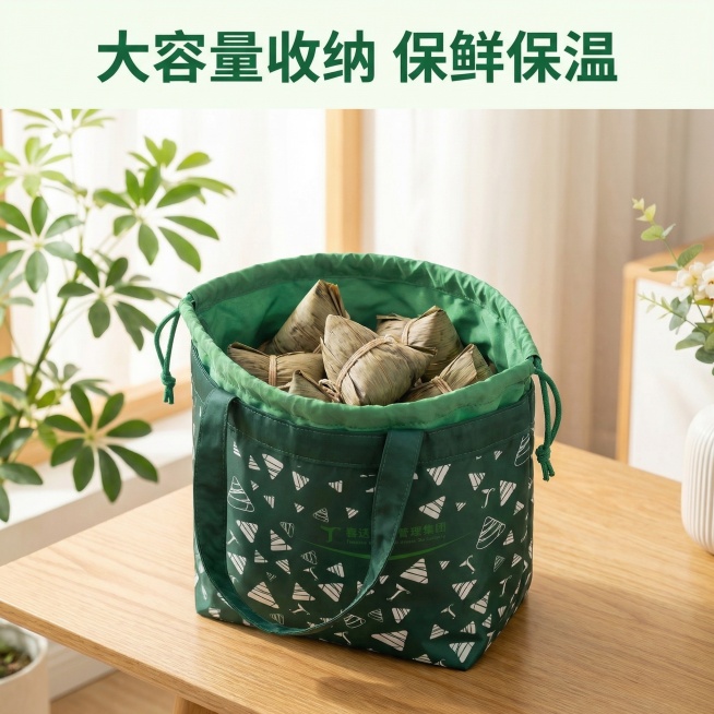 主图4：保温袋使用场景展示，保持原产品外观图案设计不变，展示保温袋打开装满粽子的使用状态，放置在温馨明亮的家居餐桌场景中，背景有绿植和柔和窗帘，呈现大容量收纳效果。文案"大容量收纳 保鲜保温"，顶部标预览效果
