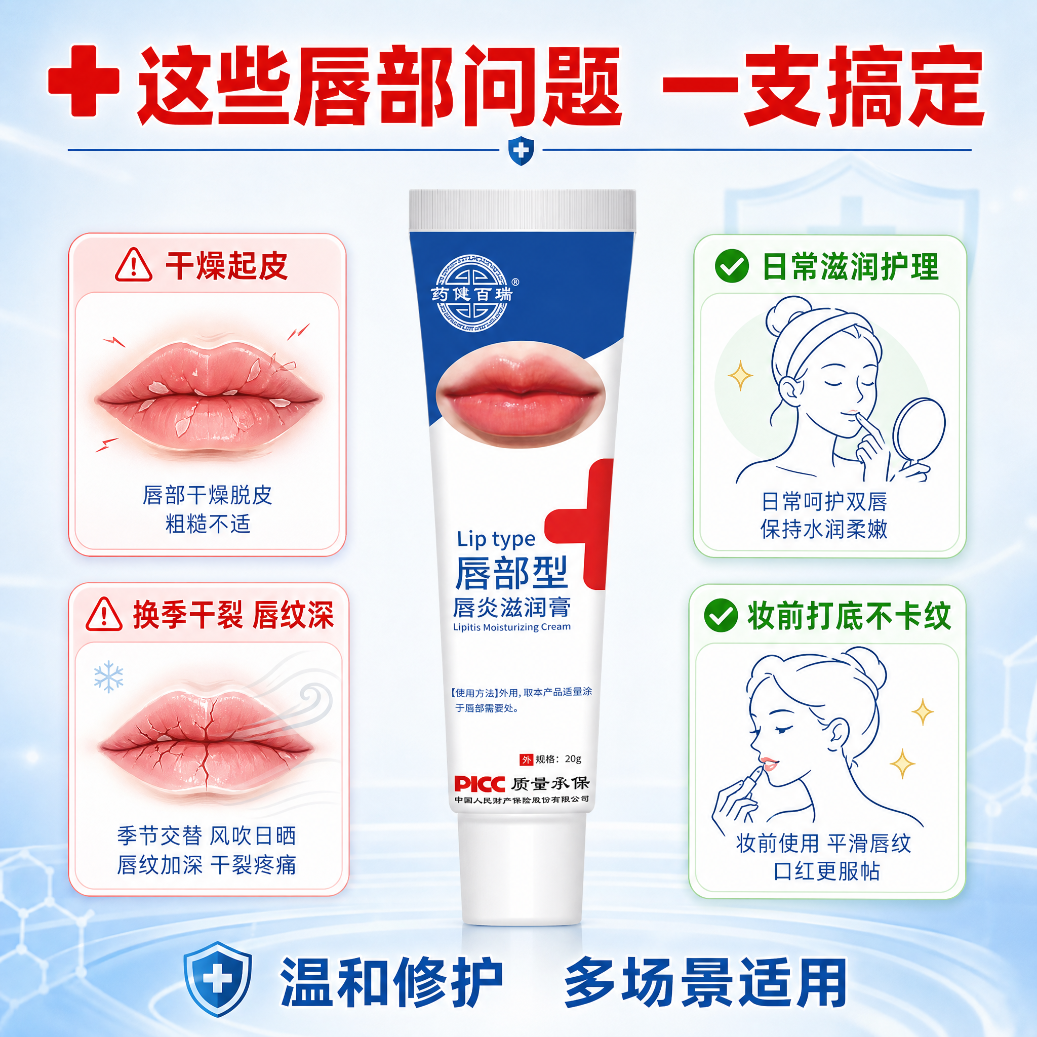 [主图-4] 药健百瑞唇部型唇炎滋润膏 适用场景与痛点图 拼多… - 图片创意预览