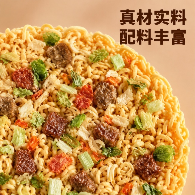 [主图-3] 迷你方便面细节特写，展示面饼与配料细节。
[氛围风格] 微距特写食欲风，突出食材真实质感；
[画质] 商业食品摄影质感，超高清微距细节，纹理清晰可见。
[元素] 微距特写打开的干面饼，可预览效果