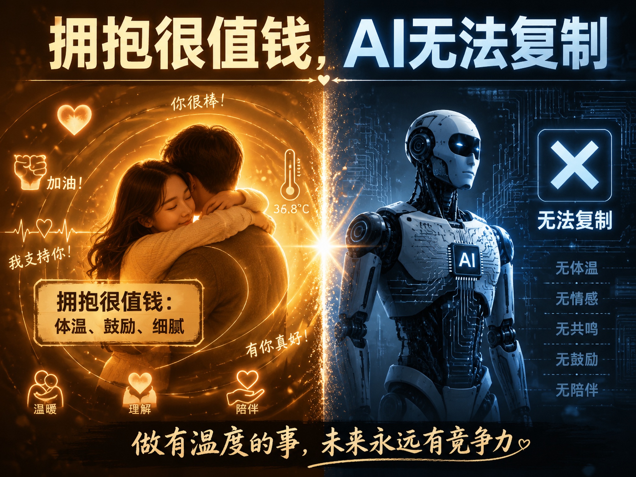 拥抱的价值与AI不可取代概念插画，左右对比构图。左侧：两个人温… - 图片创意预览