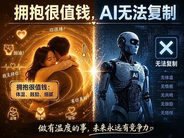 拥抱的价值与AI不可取代概念插画，左右对比构图。左侧：两个人温暖拥抱的画面，周围环绕着体温（暖光波纹）、鼓励（爱心和加油手势）、细腻情感（柔光、心跳线、温度符号）等无形元素，旁边写着"拥抱很值钱：体温、鼓励、细腻"，代表人类独有的温度与情感。右侧：一个冰冷的机器人站在旁边，身上有电路和芯片，旁边有一个叉号和"无法复制"的文字，代表AI无法复制这些人类情感。画面中间有一条分界线，左侧暖金色调，右侧冷蓝色调，对比鲜明。画面上方大标题"拥抱很值钱，AI无法复制"，下方配文"做有温度的事，未来永远有竞争力"。整体温暖有力量的风格，寓意深刻，画面层次丰富