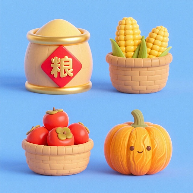 4个中秋素材组合，可爱电商促销感。素材包括：第一个粮仓（贴着带有 “粮” 字的红色菱形福字）；第二个一筐玉米；第三个一筐柿子；第四个南瓜。画面整体呈现鲜艳效果，淡蓝色背景。上下两行，排列整齐