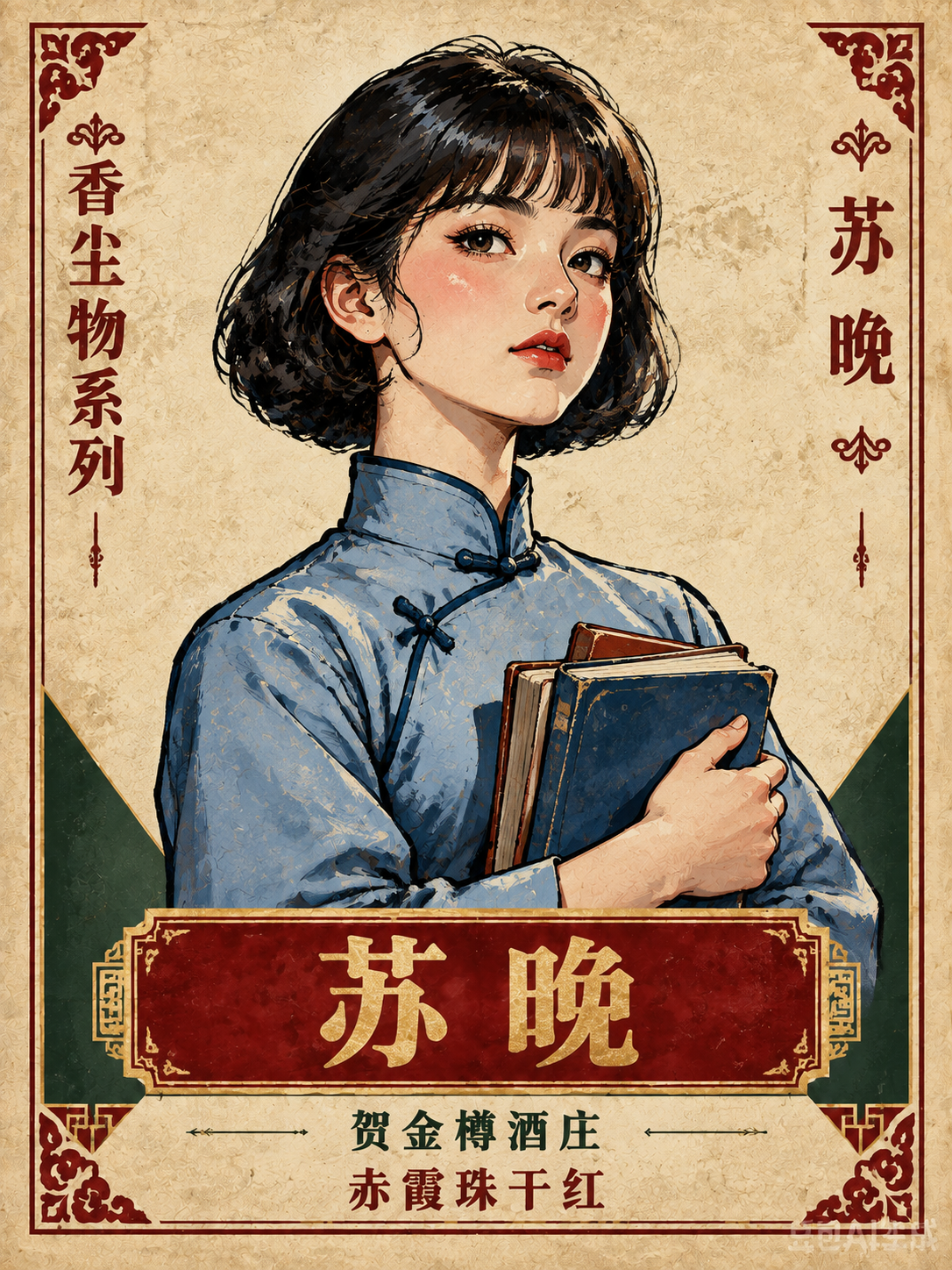 平面酒标设计，香尘人物系列，竖长方形构图。米白色做旧纸张质感背… - 图片创意预览