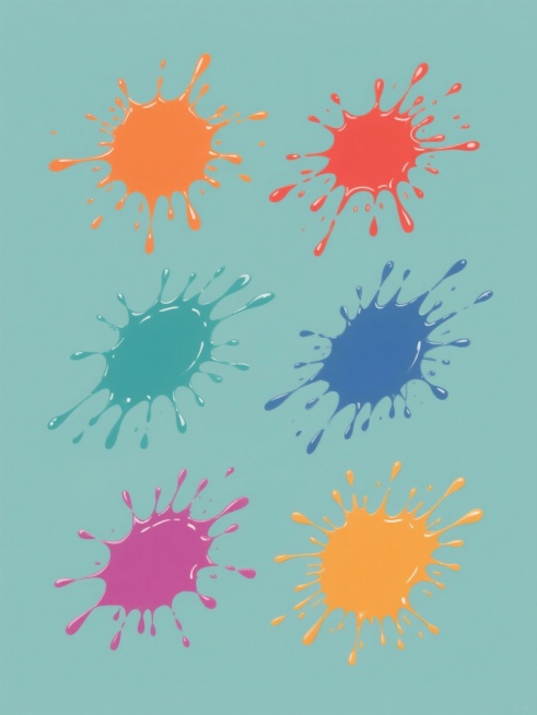 纯色背景上，保持数字绘画的平滑笔触和简约风格，呈现六个完全不同造型的泼墨元素系列素材集合，每个泼墨元素均具有独特的飞溅形态、滴落轨迹和溅射点分布，整体色彩变换为六个不同的鲜明色调，元素规整排布，无任何文字出现。预览效果