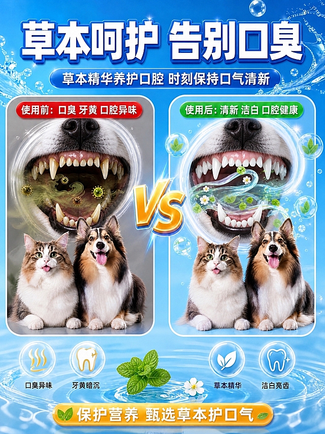 基于原图进行修改：1. 将左右两侧的人类牙齿口腔图替换为狗狗的牙齿口腔图（狗牙形态），左侧使用前保持牙黄口臭状态，右侧使用后保持洁白清新状态；2. 消除底部中间的喷雾瓶产品图片，该位置自然过渡为水面和薄荷叶背景；3. 其余所有元素（标题、VS字样、猫狗形象、底部五个图标、底部按钮等）保持不变。整体蓝色水感清新风格不变，高清精致。