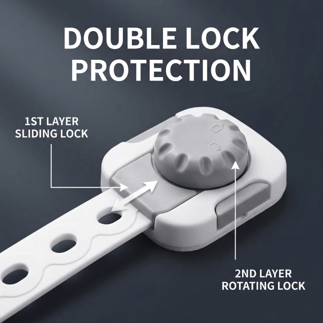 欧美风格详情图，儿童安全锁产品，严格按照原图产品样式，背景为深灰色渐变，突出英文标题"DOUBLE LOCK PROTECTION"，特写展示产品双层锁扣结构，用线条标注锁扣层级，800X800尺寸预览效果