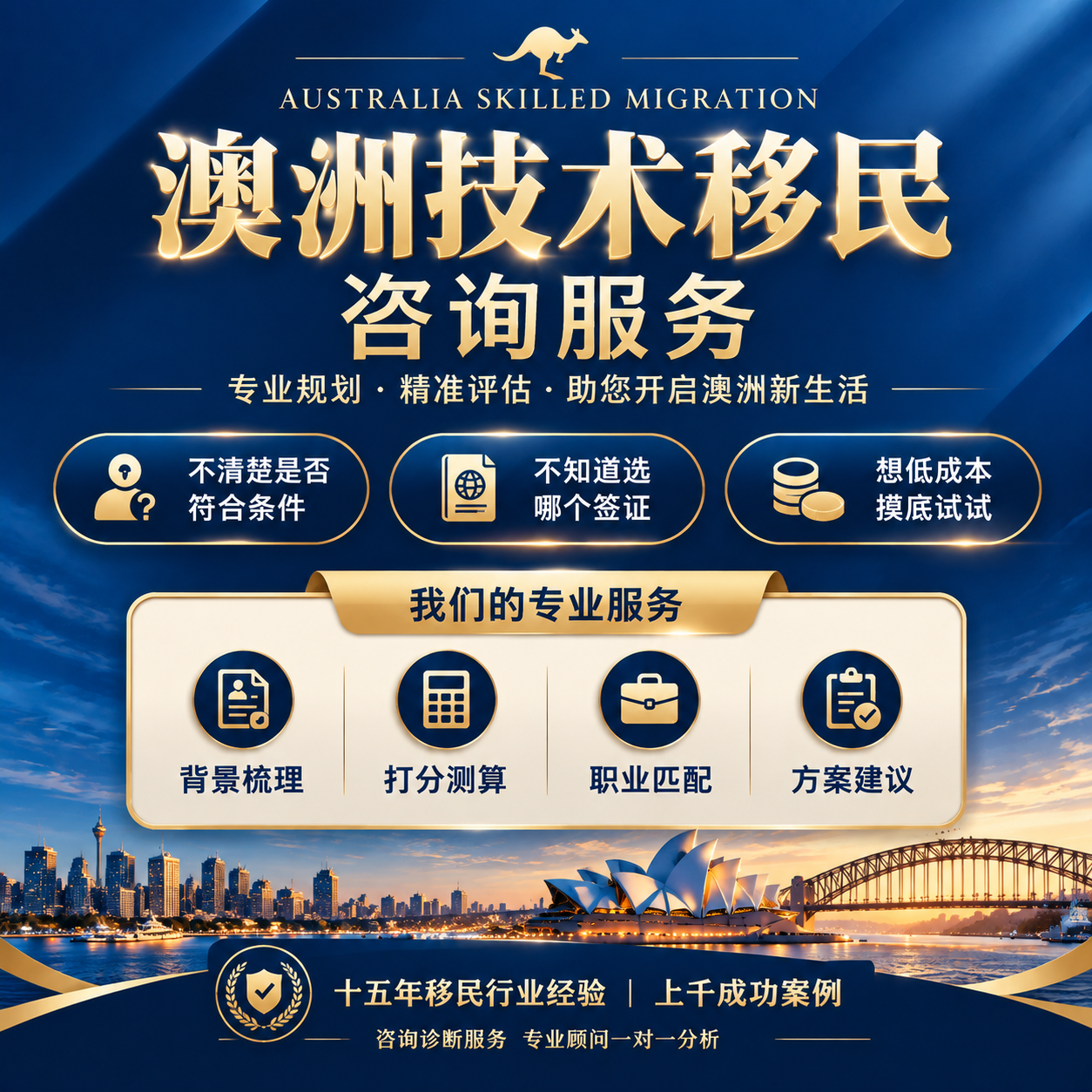 基于参考图的整体风格和布局，重新生成一张澳洲技术移民咨询服务海… - 图片创意预览