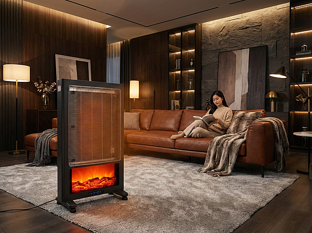 将暖风机放置于深色系客厅中，客厅背景高端大气，客厅灯光温馨温暖，沙发是超长高级的牛皮质感，沙发上坐着一位年轻的中国女人在看书，地毯颜色是浅灰色质感，暖风机占画面60%的面积，画面质感强，写实风格