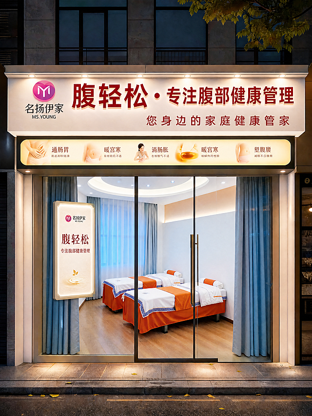 在现有腹轻松养生店门头设计基础上修改：1、将门头主标题右下方原副标题红色文字“通肠胃｜暖宫寒｜消腹胀｜养脾胃｜塑腰腹”修改为红色文字“您身边的家庭健康管家”；2、在玻璃门内左侧添加带有“腹轻松 专注腹部健康管理”文字的展示牌，保持原有整体设计、布局和风格不变，保留玻璃门内的美容床和整体明亮偏白的色调