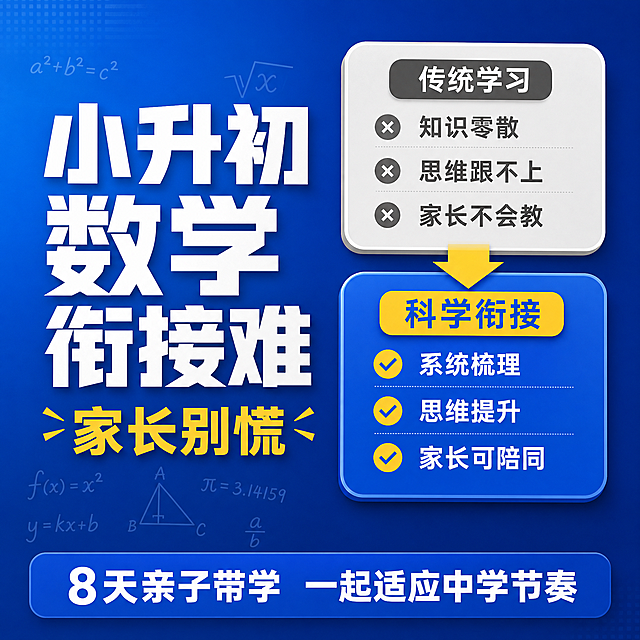 [主图-2] 小初衔接数学思维指导痛点与学习目标图，激发家长兴趣。
[氛围风格] 参考图二蓝黄撞色电商主图风格，卡片式排版，专业清晰，教育类课程主图。
[画质] 商业设计质感，画面干净高级，文字清晰锐利，排版精致有层次。
[元素] 画面左侧蓝色大标题区域，主标题"小升初数学衔接难"白色粗体大字，下方黄色文字"家长别慌"。右侧上下排列两个对比卡片：上方灰色卡片写"传统学习 知识零散 思维跟不上 家长不会教"，下方蓝色卡片写"科学衔接 系统梳理 思维提升 家长可陪同"，两个卡片中间有黄色向下箭头表示转变。底部蓝色圆角横幅，内有白色文字"8天亲子带学 一起适应中学节奏"。背景为蓝色渐变底，左侧有数学公式符号装饰元素淡入背景，整体满版无边框。
[光影] 平面设计风格，干净明亮，卡片有轻微投影增加层次感，无复杂光影。
[配色] 主色调深蓝色 宝蓝色，辅助色明黄色，文字色白色 浅灰色，蓝黄撞色。
[视角构图] 正面平视，左右分栏构图，左文右图对比结构，视觉重心在右侧对比卡片。
[文字版式] 左侧主标题白字超粗无衬线最大号，副标题黄字中号；右侧对比卡片上下排列，灰卡灰字浅底，蓝卡白字蓝底；底部横幅白字居中。文字全部清晰可读，无遮挡。
[输出要求] 1:1比例，文字清晰可辨，超高清商业设计质感。
[负向提示词] 变形，文字错乱，模糊，背景杂乱，水印，电商平台Logo，人物，真人照片。