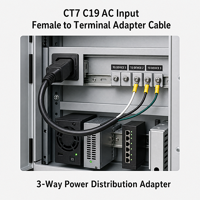 [Main Image 2] Application scenario display. Keep the original product appearance completely unchanged. Show this CT7 AC input adapter cable connected inside a power distribution cabinet, converting the AC input to three separate terminal outputs for different devices. Clean professional industrial environment. Add English headline "CT7 C19 AC Input Female to Terminal Adapter Cable" at top, subtitle "3-Way Power Distribution Adapter" at bottom. All text in English, placed in blank area without blocking product. 1:1 square.