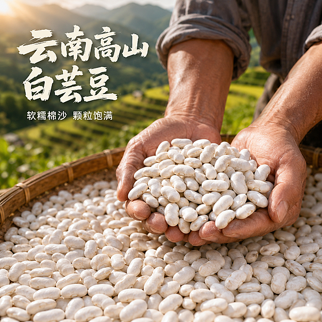 [主图-1] 云南高山白芸豆产品首图，农家手捧展示。
[氛围风格] 农家原生态风格，真实质朴不精致，自然真实产地氛围；
[画质] 商业摄影质感，光线柔和通透，产品清晰真实，画面干净自然。
[元素] 一双手捧着颗粒饱满的云南高山白芸豆置于画面中心，白芸豆散落在下方竹编簸箕上，背景虚化云南高山农田梯田景象，保持白芸豆外观（物理结构、材质质感、颜色）与输入产品图绝对一致，杜绝任何变形和色差，精细化处理。商品主体占比严格控制在60%-80%之间，画面满屏无边框。
[光影] 自然暖阳逆光，突出白芸豆的通透质感，轮廓清晰，整体光线温暖自然，暗部有层次，无生硬高反差。
[配色] 主色调是白芸豆的自然米白色，辅助色是双手的暖肤色和高山梯田的翠绿色，整体和谐自然。
[视角构图] 平视视角，浅景深突出主体白芸豆，整体构图饱满不切割产品。
[文字版式] 左上负空间左对齐留安全边距，大字文案为“云南高山白芸豆”，使用厚重粗笔刷书法字，米白色，叠加轻微阴影保证清晰；下方辅助文案为“软糯棉沙 颗粒饱满”，缩小字号清爽黑体，保持相同字色，文字不遮挡主体。
[比例分辨率] 1:1 比例，4k分辨率；文字清晰锐利，画面超高清。
[负向提示词] 变形，水印，文字错乱，产品图模糊，背景杂乱，过度精致修图，颜色失真。
