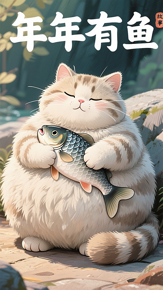 水彩风插画，可爱猫咪怀抱鱼儿，拟人表情，年年有鱼，节日喜庆。