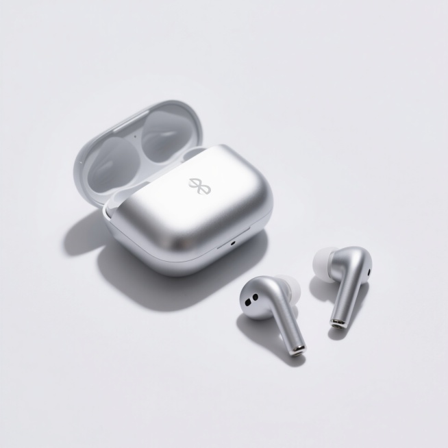 银色无线蓝牙耳机放在纯白背景中央，左侧是充电盒（半开状态，露出耳机），右侧摆放充电线，三者呈三角构图。光线为45°顶光，耳机表面反光柔和，边缘无阴影，细节清晰到可见充电触点和品牌logo。整体画面极简预览效果