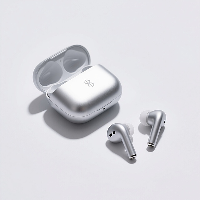 银色无线蓝牙耳机放在纯白背景中央，左侧是充电盒（半开状态，露出耳机），右侧摆放充电线，三者呈三角构图。光线为45°顶光，耳机表面反光柔和，边缘无阴影，细节清晰到可见充电触点和品牌logo。整体画面极简干净，无多余元素，适合电商搜索页主图，突出产品形态与配色。