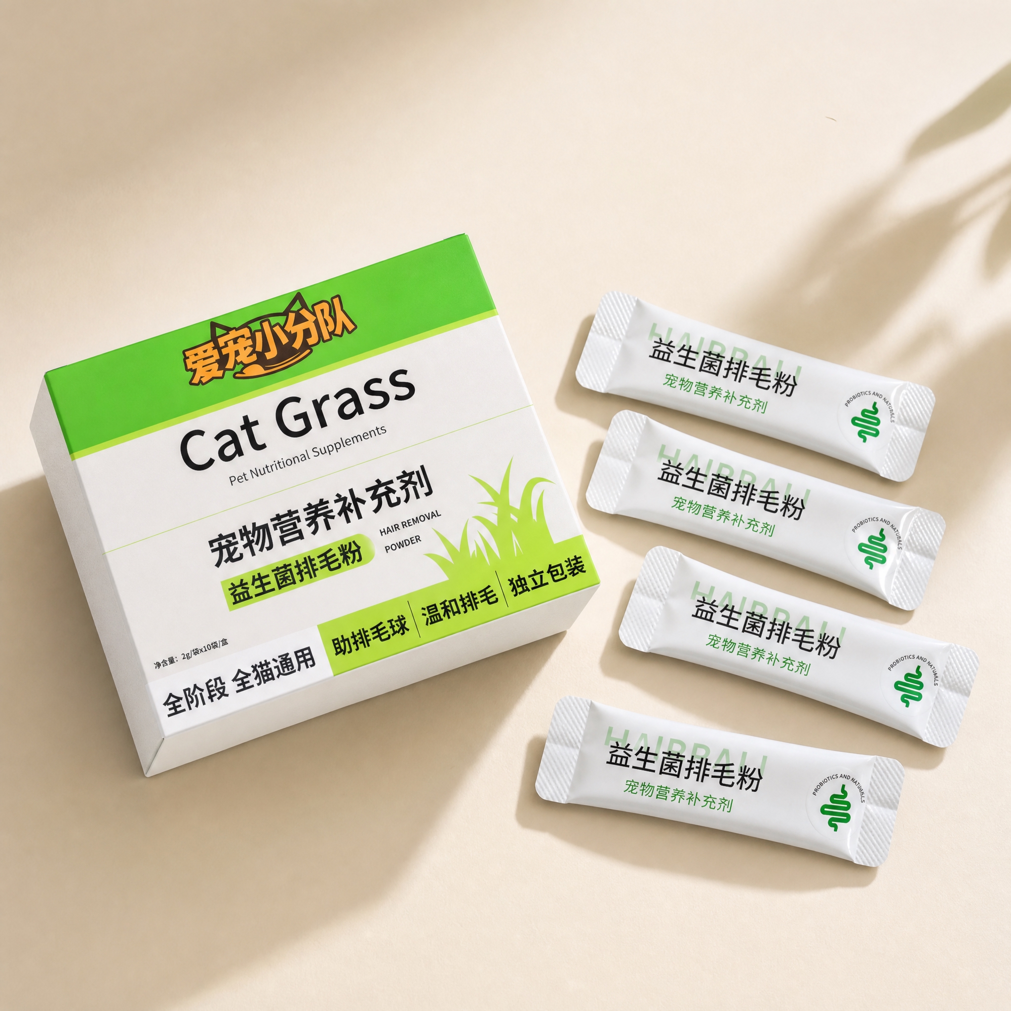 宠物益生菌排毛粉产品组合图，一个排毛粉包装盒斜放在画面左侧，右… - 图片创意预览