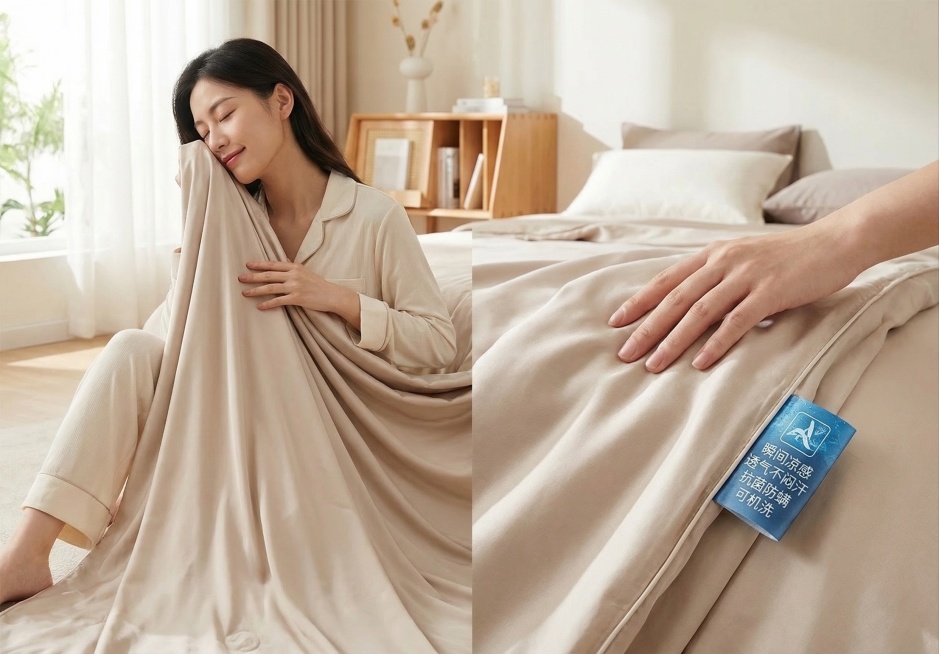 蚕丝冰丝夏凉被商品主图，冷感面料，瞬间凉感，透气不闷汗，轻薄柔软，可机洗，抗菌防螨，简约纯色，轻奢卧室风格，自然光，高清质感，展现人物体验的唯美质感，体现科技分析和柔润瞬凉，适配淘宝和抖音平台，参考图预览效果