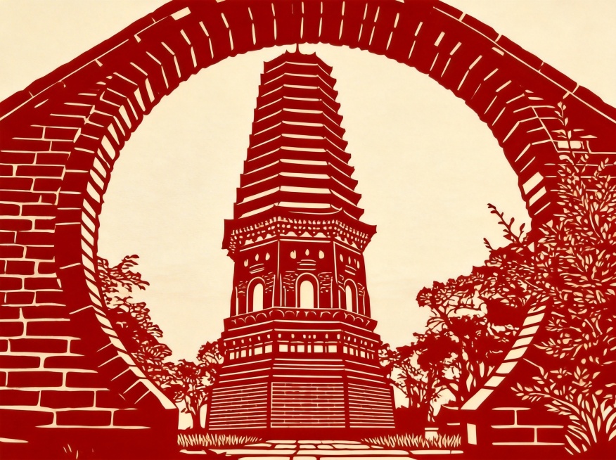 将图片转换为剪纸画风格，保留古塔和石拱门的轮廓细节，具有传统剪纸的镂空质感预览效果
