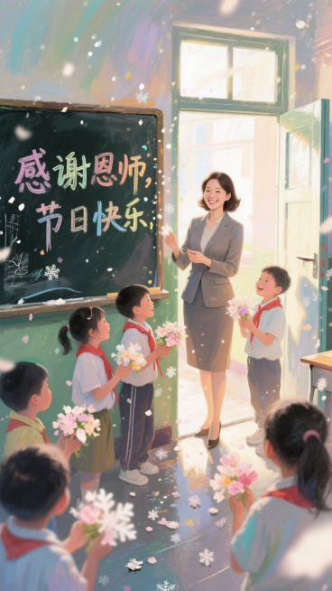 温馨画风，一位身着正装的女教师站在教室门口，六年级学生在门口围着老师撒花，黑板上写着感谢恩师，节日快乐的字，不要太ai化预览效果