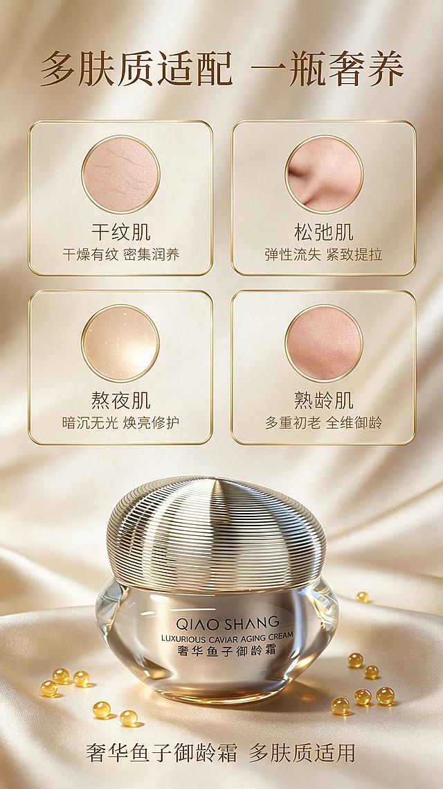 [商品] 使用【图1】QIAO SHANG 奢华鱼子御龄霜；保留瓶身圆润造型、金色螺纹瓶盖、透明金色瓶身、瓶身正面"QIAO SHANG""LUXURIOUS CAVIAR AGING CREAM""奢华鱼子御龄霜"文字与Logo，产品结构、颜色、材质、比例完全一致，不做任何修改。
[画面] 第7张：适用肤质与场景。目标是覆盖多类人群需求，扩大适配面。上方主标题区，中间4格肤质卡片2×2排列（干纹肌、松弛肌、熬夜肌、熟龄肌），每格圆形肌肤质感示意+肤质名称+适用理由；下方产品居中展示，周围点缀金色鱼子颗粒；背景浅米金渐变，卡片有金色细边框。
[视觉] 套系策略：风格=高端奢华东方轻奢商业摄影；标题字=衬线粗体+现代无衬线组合；正文字=简洁无衬线体；主色=香槟金+米白金；背景延展=基于香槟金做深浅渐变、丝绸质感、柔雾光晕层级；强调色=深金/琥珀金，仅用于小面积图标、引线、标签和高光；标题色=深棕金；正文色=暖棕灰；组件=圆角金线信息卡、细线引线、金色胶囊标签；光影=暖柔正面光，产品保持金属高光质感。
[文字] 顶部主标题"多肤质适配 一瓶奢养"；4张卡片文字：干纹肌-干燥有纹 密集润养、松弛肌-弹性流失 紧致提拉、熬夜肌-暗沉无光 焕亮修护、熟龄肌-多重初老 全维御龄。底部产品旁标注"奢华鱼子御龄霜 多肤质适用"。文字全部横排，手机端可读。
[规格] 图片比例9:16竖版，2K分辨率，淘宝/天猫详情页风格。避免变形、错字、文字过小、冷蓝/冷灰背景、医疗化表述、治疗/根治等违禁词、绝对化用语。