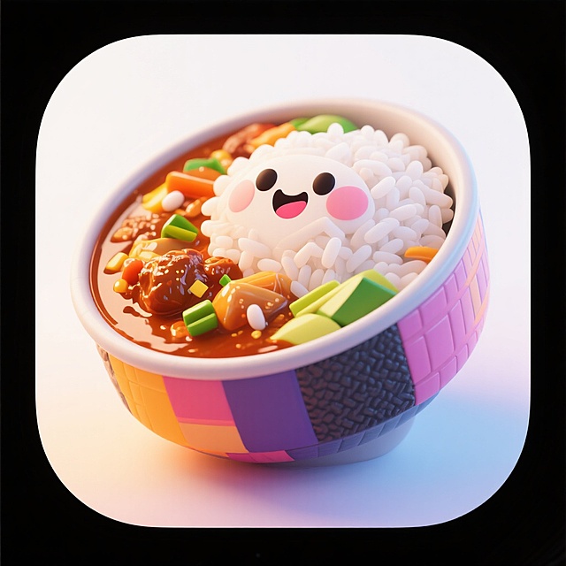 3D风格的咖喱饭emoji图标，白色背景，精细刻画细节，可爱和美味