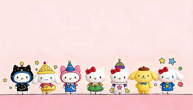 去掉所有桌面图标、任务栏和UI元素，仅保留纯壁纸，壁纸内容是浅粉色背景上排列了7个三丽鸥家族的粘土公仔，从左到右分别是：穿黑色猫咪连帽衣的角色，玉桂狗，Hello Kitty，Hello Kitty穿绿色裙子，Hello Kitty穿紫色黄条纹帽子，布丁狗，玉桂狗穿蓝色衣服，底部是粉色平面，保留星星装饰，提高画质到300DPI分辨率，清晰干净，完整保留原有公仔造型和配色，自然纯净的壁纸效果