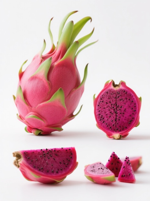 一组4个不同样式的红心火龙果元素，采用高分辨率摄影风格，白色纯净背景，光线明亮柔和，主体色彩为鲜艳的玫红色果皮与深紫红色果肉，点缀黑色芝麻状种子，绿色鳞片边缘清晰锐利。第一个样式：完整的火龙果，带自然弧度的椭圆形果体，顶部绿色鳞片呈放射状舒展；第二个样式：纵向对半切开的火龙果，剖面平滑，果肉纹理细腻，汁水欲滴的光泽感；第三个样式：四分之一切块的火龙果，展示立体果肉结构与果皮厚度；第四个样式：几……预览效果