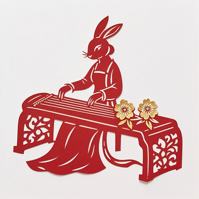 动漫风格，一只古琴女造型的拟人兔子坐在雕花琴前弹奏，琴上放着两朵绽放的烫金桂花，灵动飘逸。白色背景。