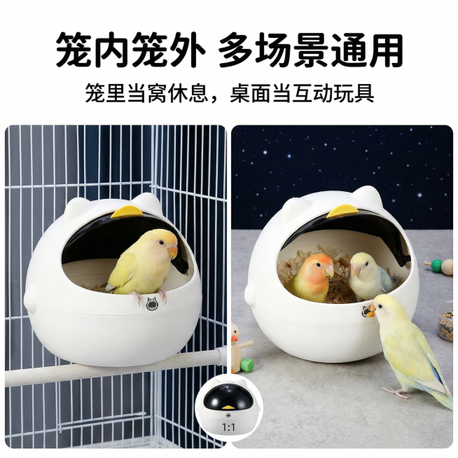 萌趣科技养宠风，严格还原鹦鹉太空舱鸟窝，产品尺寸比例1:1。主视觉：左右分栏场景，左侧为鸟窝放置在鹦鹉笼内的场景，右侧为鸟窝放置在桌面的场景，清晰展示多场景适配性，背景为简约浅色调。主标题："笼内笼外预览效果