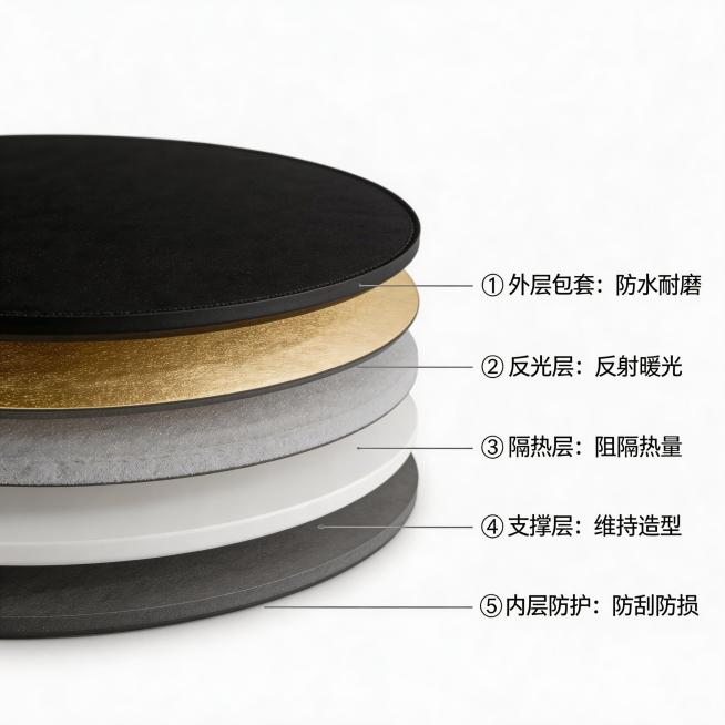 将图片中的圆形反光板制作成剖面图，展示五层结构，每一层用不同颜色标示，每层旁配简短功能说明文字预览效果