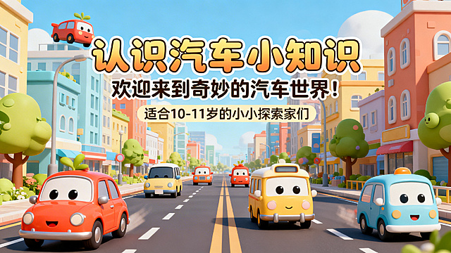 卡通风格PPT标题页，主题是认识汽车小知识，副标题是欢迎来到奇妙的汽车世界！，标注适合10-11岁的小小探索家们，画面是色彩明亮的卡通城市道路，上面跑着各种可爱的卡通车辆，整体画风活泼童趣，字体圆润可爱