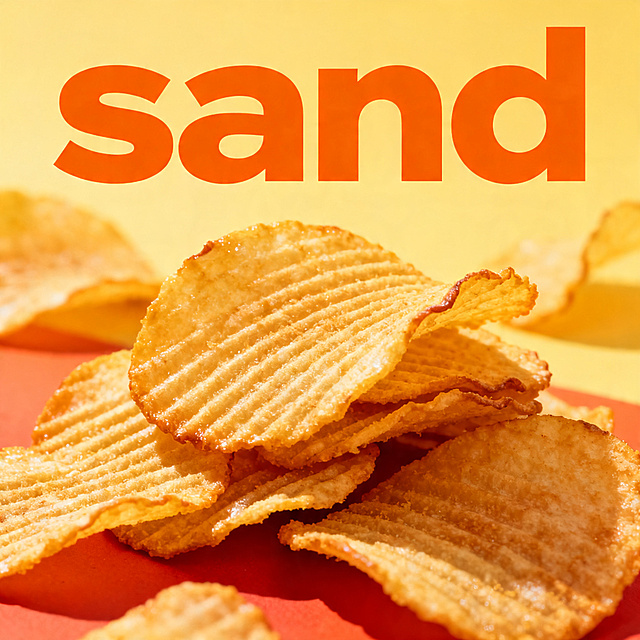 一张sand薯片的宣传海报，设计包含艺术字体"sand"，画面展示酥脆的薯片，食欲感满满，美食广告风格，色彩鲜艳诱人，标题醒目