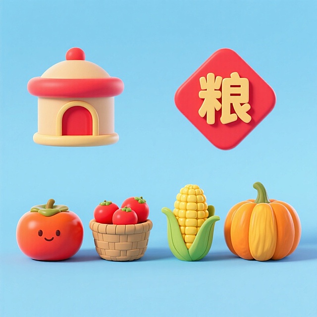 软3D粘土风，拟人化蔬果与粮仓，搭配喜庆红“粮”字，萌趣十足，传递丰收喜悦。