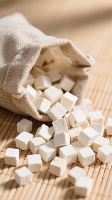 大量白色茯苓方块散落在浅棕色竹制垫子上，部分茯苓从粗麻布麻袋中溢出，麻袋口微微敞开，整体画面干净简洁，光线明亮柔和，呈现自然朴素的风格，适合作为背景素材使用。预览效果