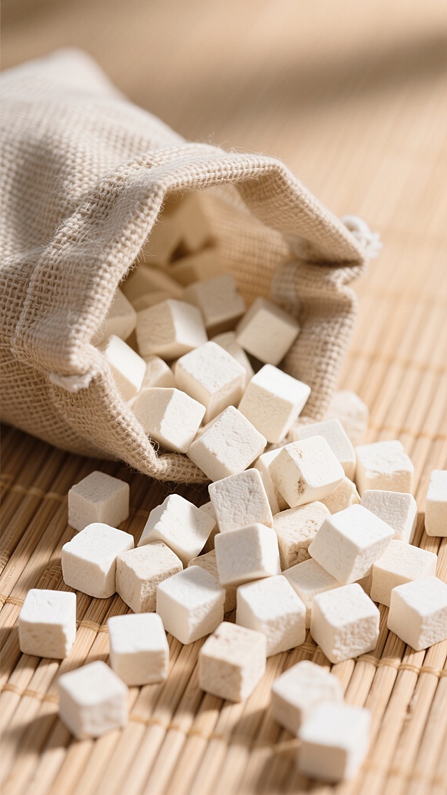 大量白色茯苓方块散落在浅棕色竹制垫子上，部分茯苓从粗麻布麻袋中溢出，麻袋口微微敞开，整体画面干净简洁，光线明亮柔和，呈现自然朴素的风格，适合作为背景素材使用。