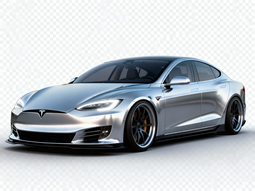 特斯拉Model s 2023款 双电机全轮驱动版汽车，透明背景，未来感设计，流畅车身线条，银色金属车漆，前脸LED大灯，低趴姿态，侧面视角，细节清晰，高分辨率预览效果