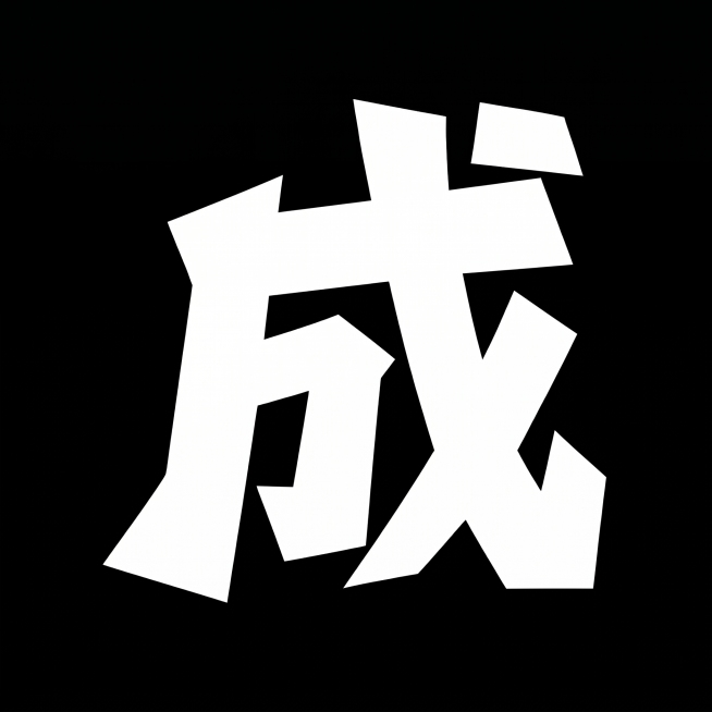 白色字体，黑色背景，干净的背景，创意黑体字体设计1个字"成"，按照参考图"见"的字体风格生成。将字体进行大幅度抽象变形，笔画均切割为几何块面造型，所有笔画边缘都是锐利平直的直角切割，没有曲线弧度，笔画预览效果